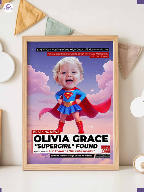 Custom Baby Flying Hero Poster – Personalized Baby Girl Wall Art